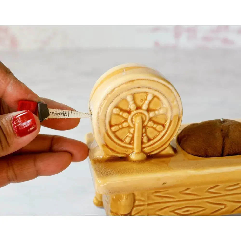 VTG Enesco Spinning Wheel Sewing Caddy Tape Measure Pincushion Farmhouse Cottage